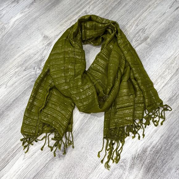 Olive Green Metallic Shimmer Lightweight Shawl Wrap Scarf with Fringe - Picture 2 of 6